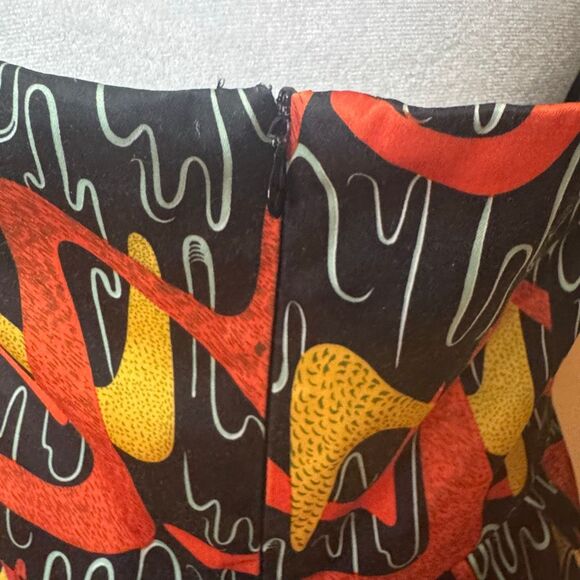 Vintage Bettie Page XL Halter Swing Dress Black Orange Boomerang Print Retro Mod - Picture 6 of 7